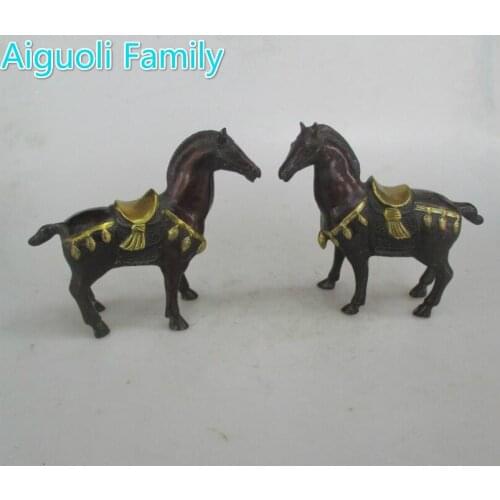 AAA+Rare 1 Pair Chinese Old Copper Carved Tang Horse Statue/Metal Sculpture Home Decoration Antique Collection 002