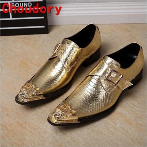 Choudory Luxury brand italian leather formal snake skin shoes man slip on gray gold metal dress weddind shoes loafers