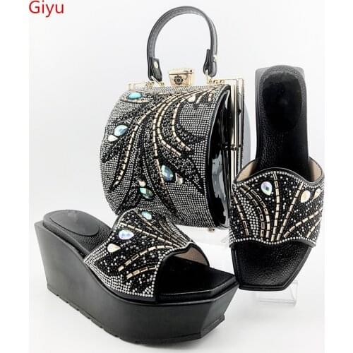 Doershow New Arrival African Wedding good Shoes and Bag Set black Italian Shoes with Matching Bags Nigerian Women party! SES1-4