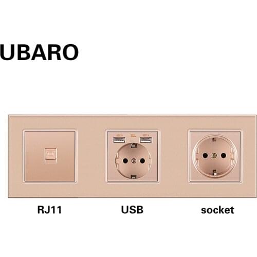 UBARO German Standard Tempered Glass Panel Wall Socket Combinationt RJ45 RJ11 TV USB Connect Terminal Home Outlet AC100-250V 16A