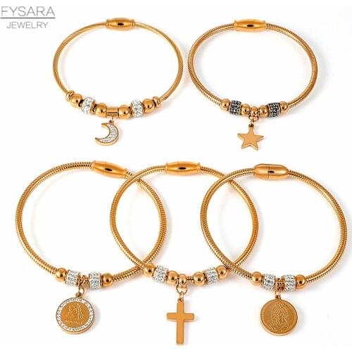 FYSARA Cross Star Moon Virgin Tag Pendant Fashion Charm Bracelets for Women Gold Color Stainless Steel Cable Wire Bead Bangles
