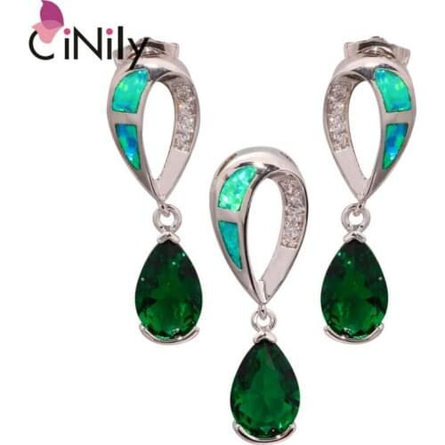 CiNily Created Blue Green Opal Cubic Zirconia Silver Plated Jewelry Set Wholesale for Women Jewelry Pendant Earrings OT99-OT100