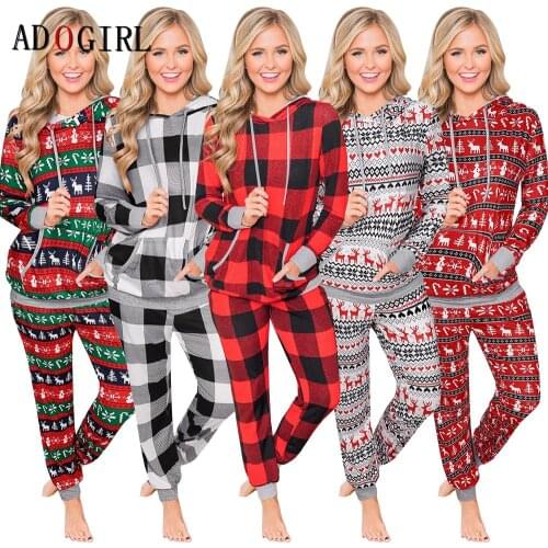 Adogirl Women Christmas 2 Piece Set Fashion Women Elk Print Tracksuit Casual Hoodies Sweatshirt +Pants Sets 2020 Festival Cloth