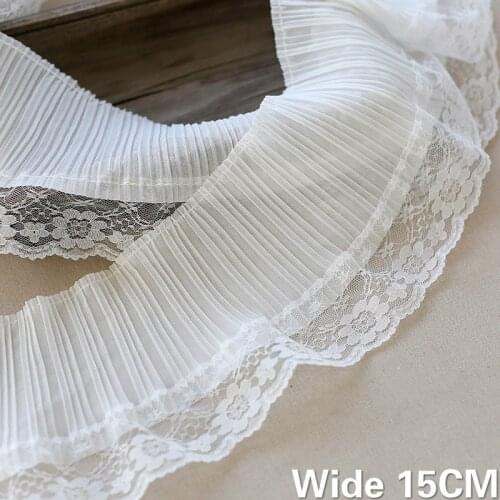 15CM Wide White Chiffon Pleated Fabric Lace Embroidered Fringe Ribbon Elastic Ruffle Trim Garment Clothing DIY Sewing Supplies