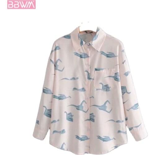 Fashion Women Lapel Long Sleeve Animal Print T-shirt Vintage with Pocket Loose Chic Female Tops