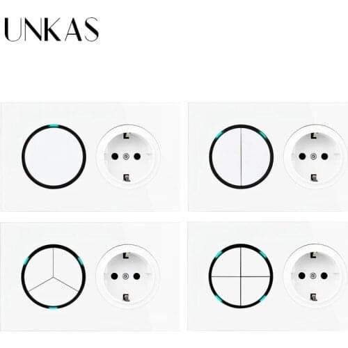UNKAS 1 2 3 4 Gang 1 / 2 Way + EU Standard Wall Power Socket On / Off Light Switch LED Indicator White Crystal Glass Panel 16A