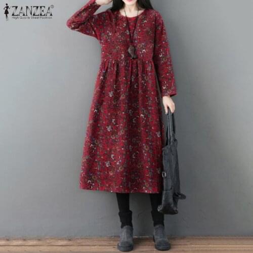 ZANZEA Women Vintage Floral Printed Cotton Linen Sundress Spring O Neck Long Sleeve Loose Midi Dress Casual Retro Vestido Femme