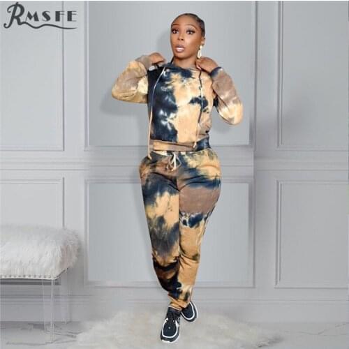 RMSFE 2021 European And American Womens Long Sleeve Hooded Drawstring Sleeve Tie Dye Printing Leisure Two Piece Set