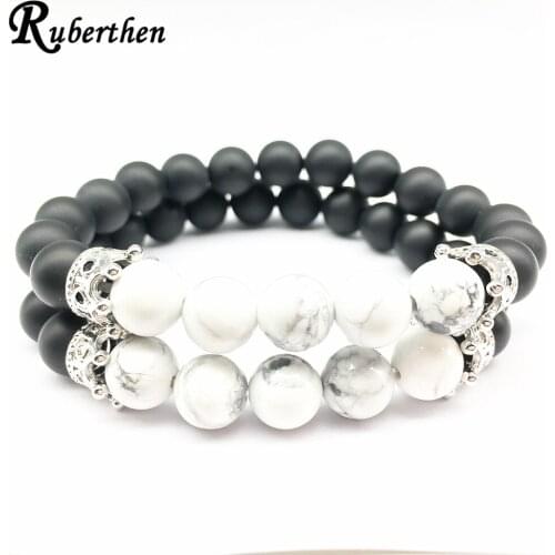 Ruberthen Vintage Design Queen Crown Bracelet Natural Matte Black Onyx Bracelet High Quality Powerful Sweethearts Jewelry