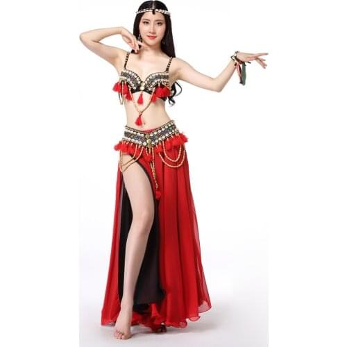 Stage Performance New Women Dance Wear Coins Beaded Bra Belt Skirt Tribal Belly Dance Costume Set Red
