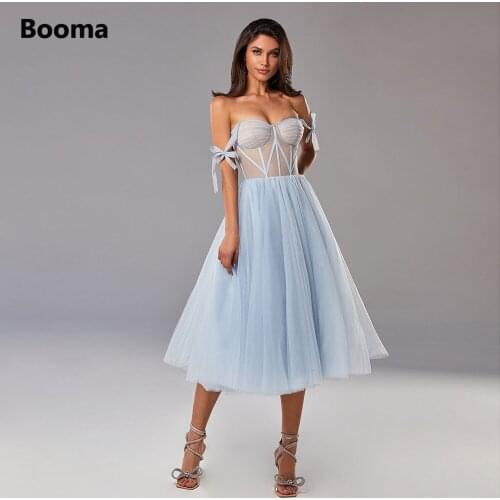 Booma Blue Sweetheart Tulle Midi Prom Dresses Tie Straps Corset Bustier Tea-Length A-Line Wedding Party Dresses Graduation Gowns