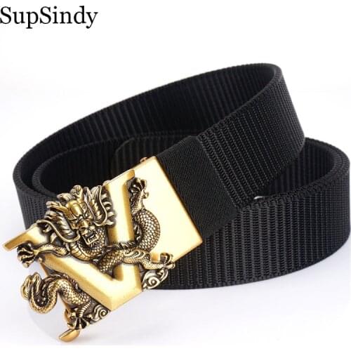 SupSindy Mans nylon belt luxury gold Dragon metal automatic buckle Canvas Belts for men casual jeans Waistband black male strap