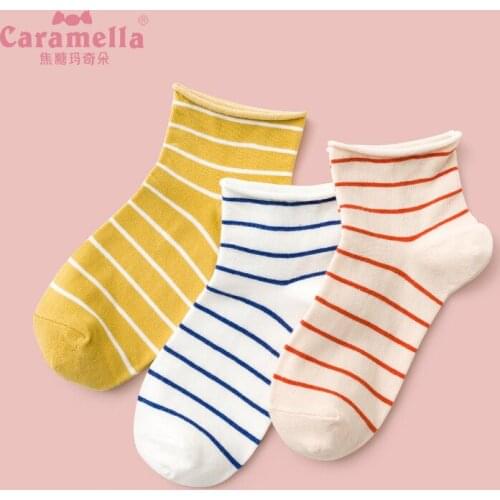 Spring Summer Socks for Women Caramella 3Pairs/lot Stripe Colorful Girls Funny Socks Comfy Cotton Harajuku Short Socks Sokken