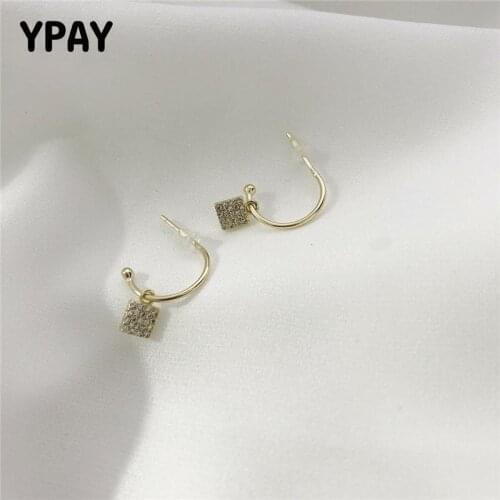 YPAY 100% Real 925 Sterling Silver Drop Earrings for Women Gold Plated Square Zircon Earring Simple Fine Jewelry Gifts YME315