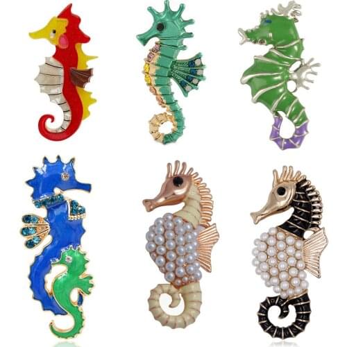 Custom gold Metal pearl Soft Hard seahorse animal Lapel Pin rhinestone enamel Seahorse breastpins