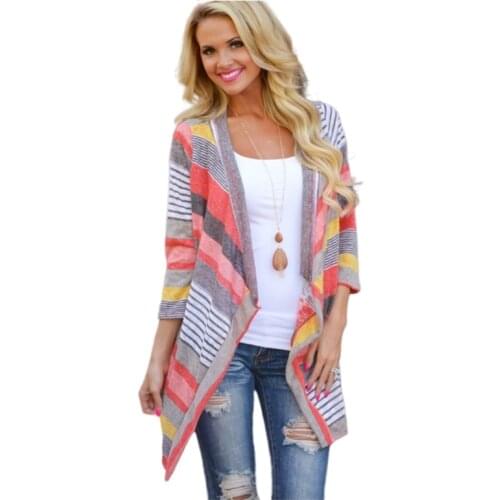 Womens Asymmetrical European and American Autumn Stripe Stitching Seven-Sleeve Open-Shirt Coat