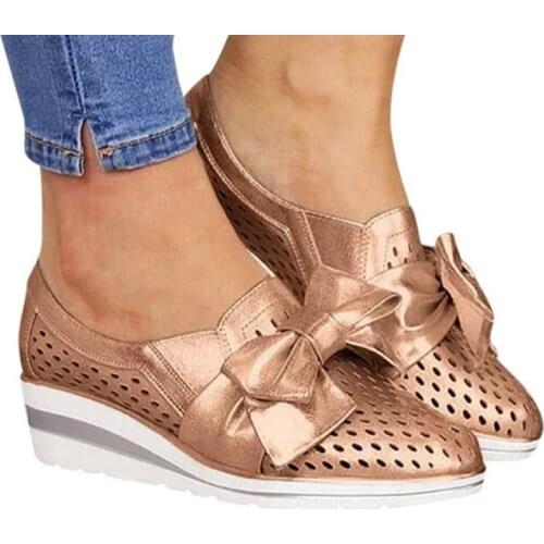 Women Casual Shoes PU Leather Bowknot Sneakers Breathable Wedged Heel Shoes RW