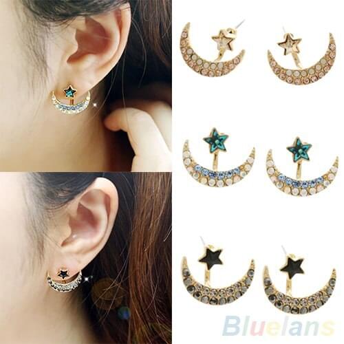 Womens Moon Pentacle Star Crystal Rhinestone Huggie Dangle Party Stud Earrings