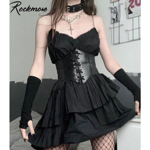 Rockmore Gothic PU Leather Bustier Top Streetwear Female Black Lace up Belt Rave Outfit Corset Crop Top Women Sexy Party Clothes