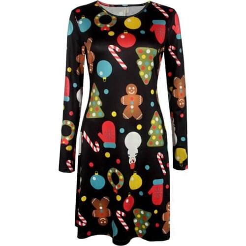 Print Vintage Christmas Dress Women Winter Casual Long Sleeve round Neck Sexy New Year Party Dress Dropshipping Fulfillment