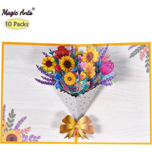 10 Pack Pop-Up Mothers Day Card, 3D Flora Bouquet Greeting Cards, Sunflower Pop Up Birthday Card for Mom Wife