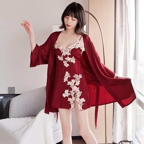 2PCS Nighty Bathrobe Sleep Suit Casual Lace Flower Robe Gown Sets Lady Summer Kimono Home Wear Strap Dress V-Neck Nightgown