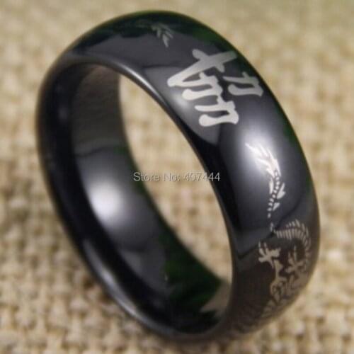 Free Shipping YGK JEWELRY Hot Sale 8MM Comfort Fit Tai Chi Kanji Dragon Black Dome New Tungsten Wedding Ring