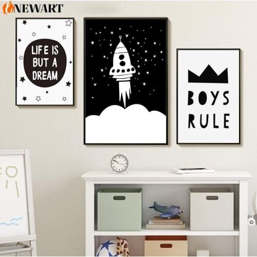 Black White Nursery Boy Bedroom Wall Art Poster Print Outer Space Rocket Big Dream Canvas Painting For Kids Room Picture Decor
