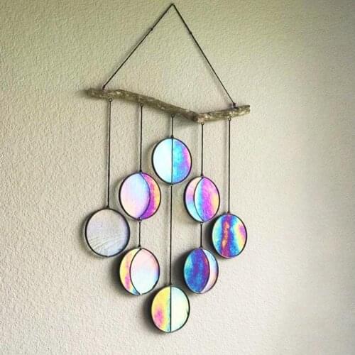 Wooden Moon Phase Hanging Pendant Exquisite Decorative Multicolor Rainbow Art Ornament for Interior Home Decoration Crafts