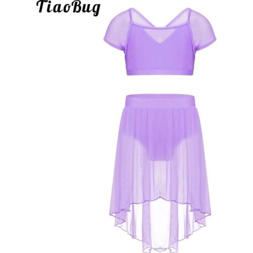 TiaoBug Kids Girls Splice Cap Sleeves Ballet Dance Gymnastics Crop Top With Mesh Skirt Outfit Set Stage Performance Costume