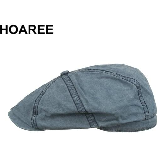 HOAREE Denim Blue Newsboy Cap for Men Cotton Casual Beret 2021 New Arrival Solid Male Octagonal Hat Vintage Ivy Beret Hat