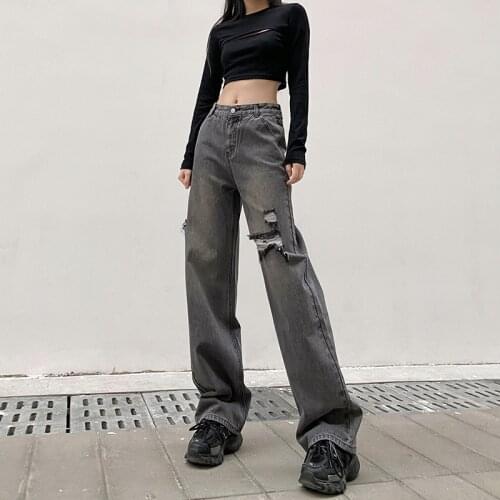 New Hole Fashion Streetwear Jeans Femme Korean High Waist Baggy Joggers Women Straight Pants 90 Vintage Denim Pants 90s 2020