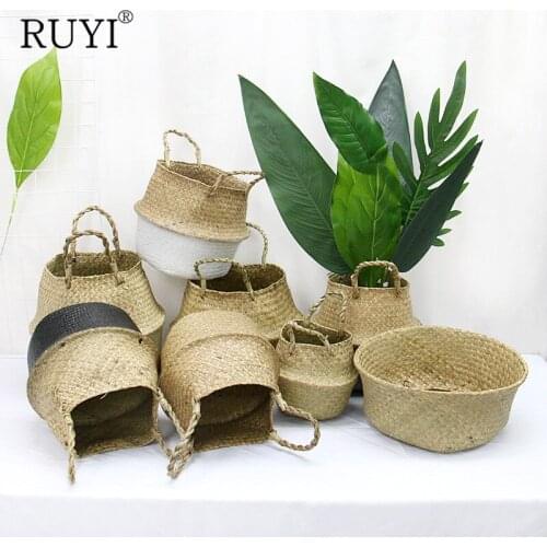 Storage Baskets Natural Seagrass Woven Household Foldable Baskets Garden Flower Vase Hanging Basket With Handle Storage Basket