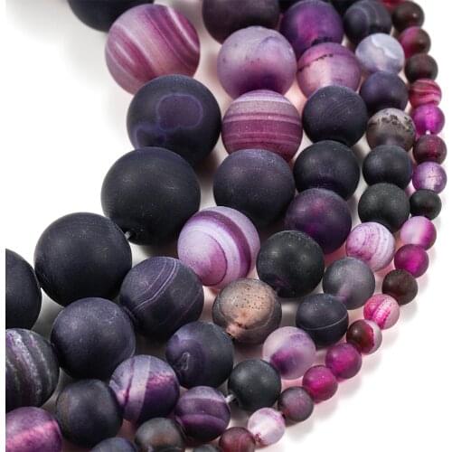 1strand/lot 4 6 8 10 12mm Matte Purple Strips Agates Beads Stone Round Loose Beads For DIY Bracelet Jewelry Makings Supplies