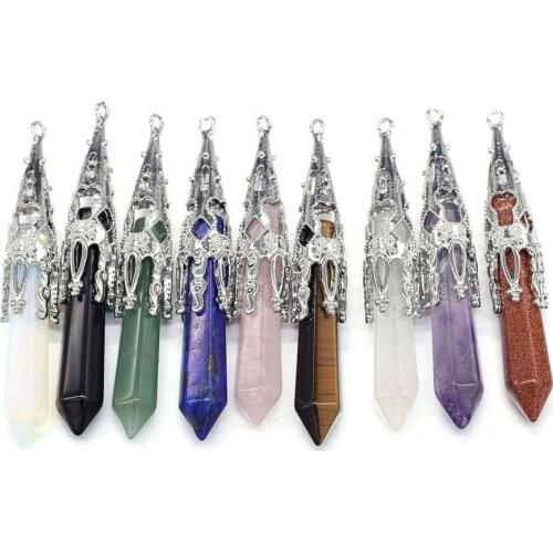 New Arrived 6pcs/Lot Natural Stone Pendant Hexagon Column Crystal Pillar Sliver Color Chakra Crystal Pendants Reiki Necklace