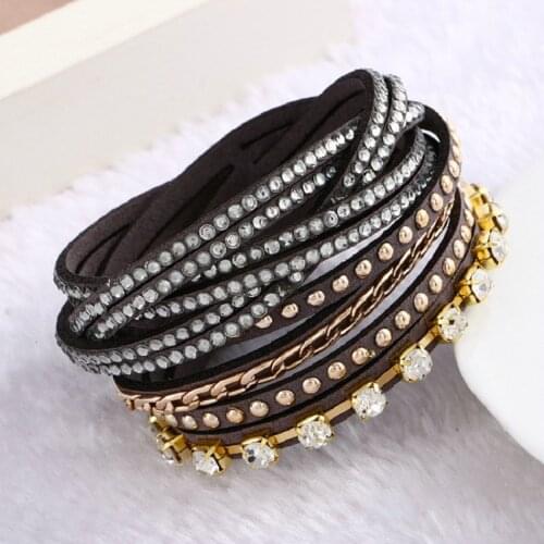 New Fashion women 9 Colors Rhineston Layer Leather Bracelet Charm Braided bracelet femme