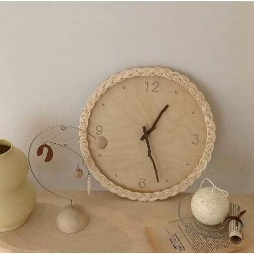 Ins Creative Personality Wooden Fashion Mute Round Wall Clock Rattan Digital Clock Homestay Style Simple Decorative Wall Hanging