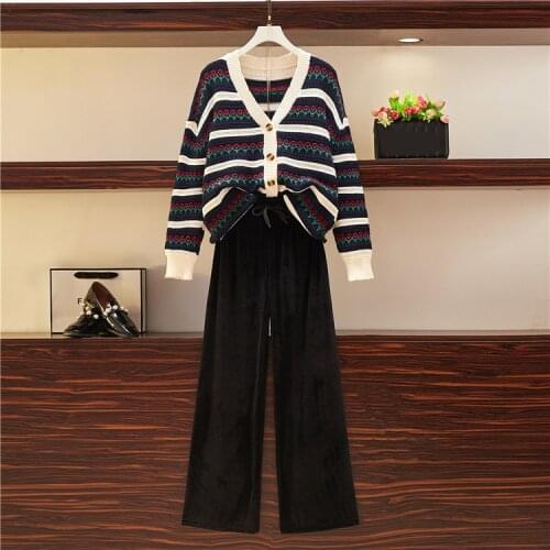 Autumn plus size knitted cardigan sweater coat velvet wide leg pants suit fashion ensemble femme survetement costumes for women