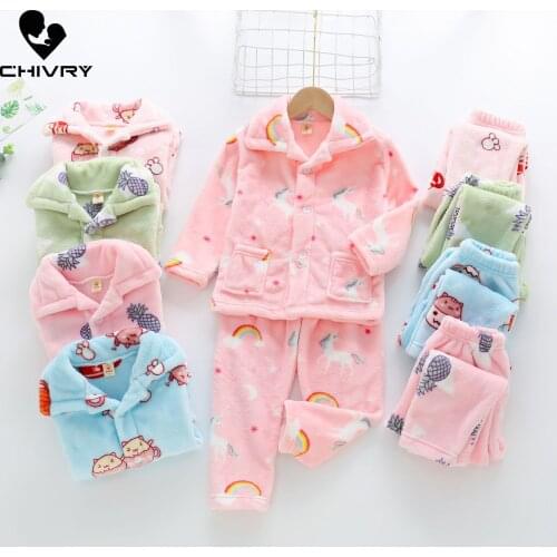 Autumn Winter Kids Boys Girls Warm Flannel Pajama Sets Cartoon Long Sleeve Lapel Tops with Pants Home Wear Sleeping Clothing Set