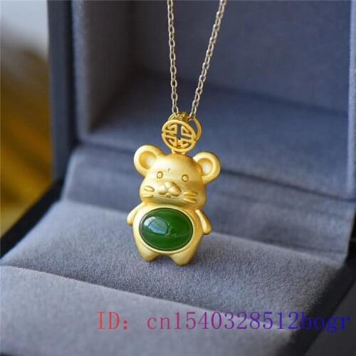 Green Jade Mouse Pendant Natural Gifts Gemstone 925 Silver Women Chalcedony Chinese Fashion Zircon Jewelry Crystal Necklace