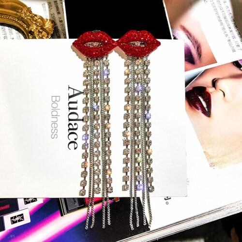Luxury Crystal Long Tassel Drop Earring for Women Sexy Red Lips Rhinestone Dangle Earrings Wedding Party Jewelry Gift Pendientes