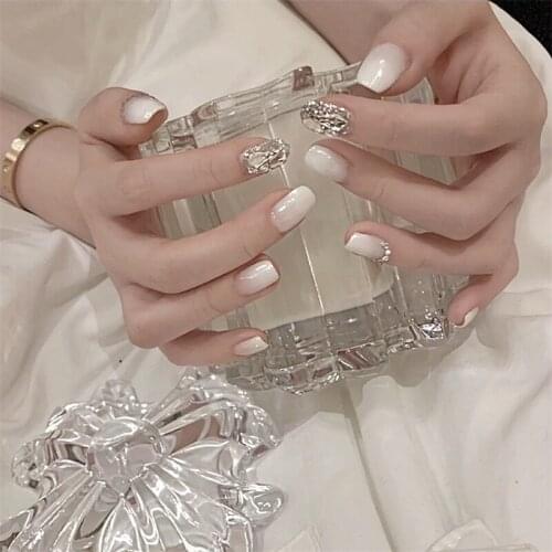 Medium and Long Fake Nails White Diamonds and Nail Stickers Finished Nails 24 Pieces With Glue NE