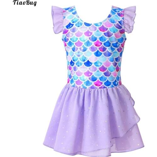 TiaoBug Kids Girls Stylish Dancing Clothing Ruffle Sleeveless Round Neckline Fish Scales Print Patchwork Style Jumpsuit Dress
