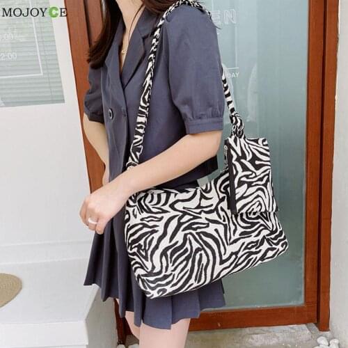 Versatile Retro Soft Bag Shopping Bag Foldable Zebra Pattern Print Canvas Shoulder Bag Women Casual Large Crossbody