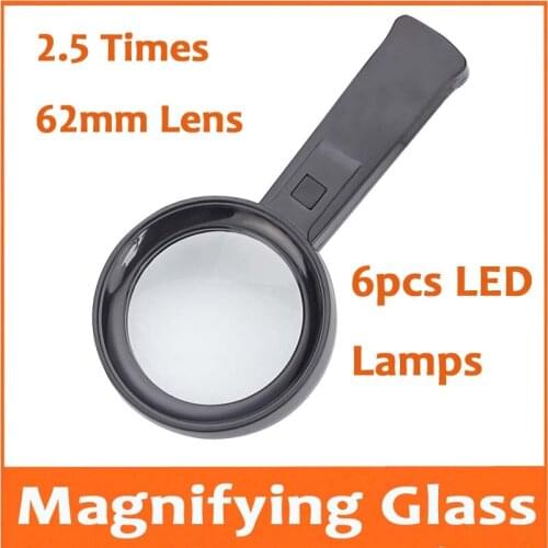2.5X 62mm Children Gift Handheld Illuminated Magnifier with 6 LED Lamps Handle Magnifying Glassfor Reading Aid Portable Loupe