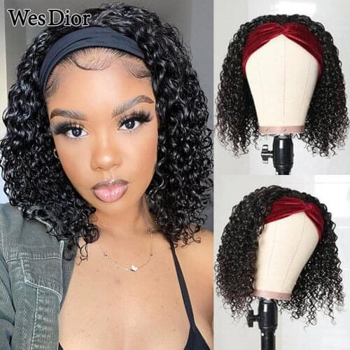 Curly Short Bob Headband Wig Brazilian Water Wave Scarf Wig Full Machine Made Human Hair Wigs For Black Women No Glue Density180