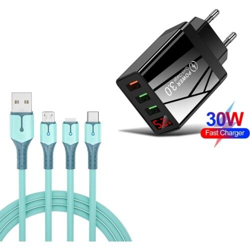 QC3.0 LED Display Phone Charger 3 USB Port Fast Charging For Iphone Samsung Huawei Xiaomi 3 IN 1 Charger Cable Type-C Micro USB