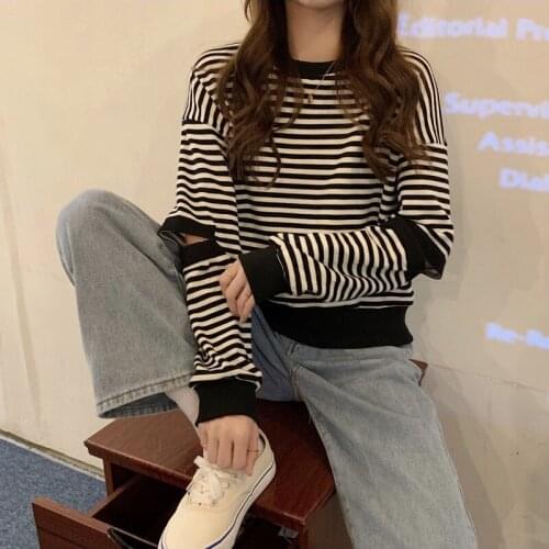 Womens T Shirt O Neck Striped Hollow Long Sleeves Cotton Loose Pullover Wholesale Spring Autumn 2021 New Casual Lady Clothing