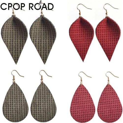 Cpop weave cowhide leather earrings for women vintage textured boho high quality dangle leaf dangle earrings