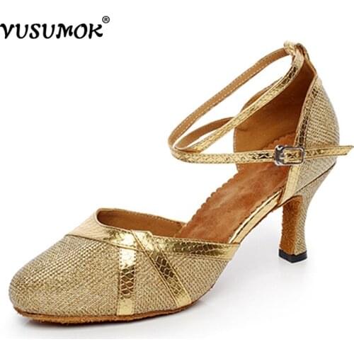 VUSUMOK Women Dance Shoes Modern Latin Tango Salsa Ballroom Shoes Prefessional Standard Ladies Mid High Heels Promotion